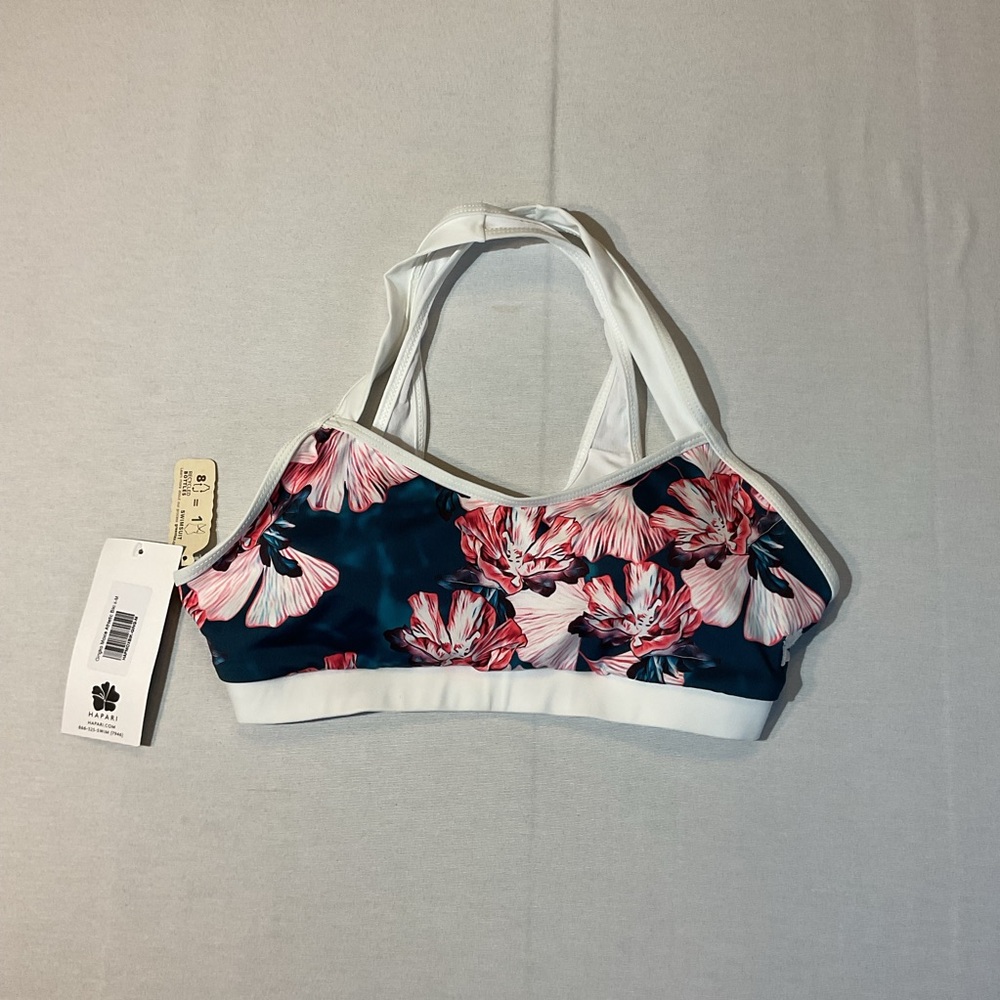 Hapari NWT Navy Blue Tropical Moxie Athletic Bikini White Trim Size M Supportive